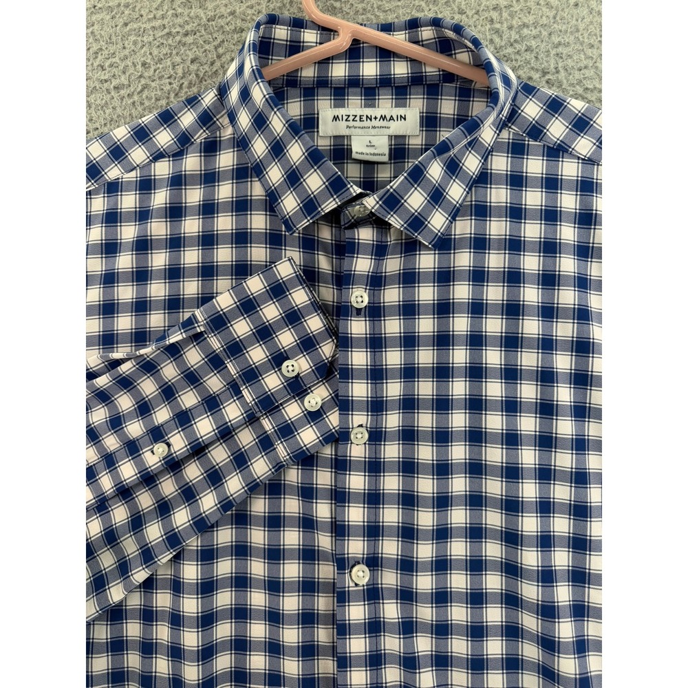 Mizzen + Main Mens Trim Fit Gingham Performance Button Down Shirt Blue White L